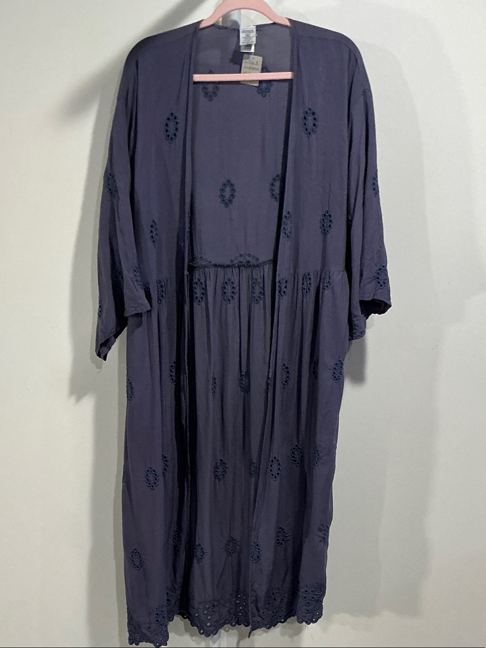 Women's Long Embroidered Duster Kimono Robe - Midnight Blue